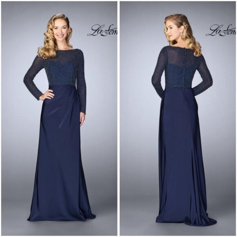 La Femme Mother of the Bride Beaded Navy Blue Dress Long Gown 24895 Size 14 NWT
